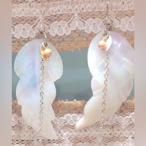 Earrings Mother of Pearl handcarved feathers, w tiny bead & chain pierced, drop